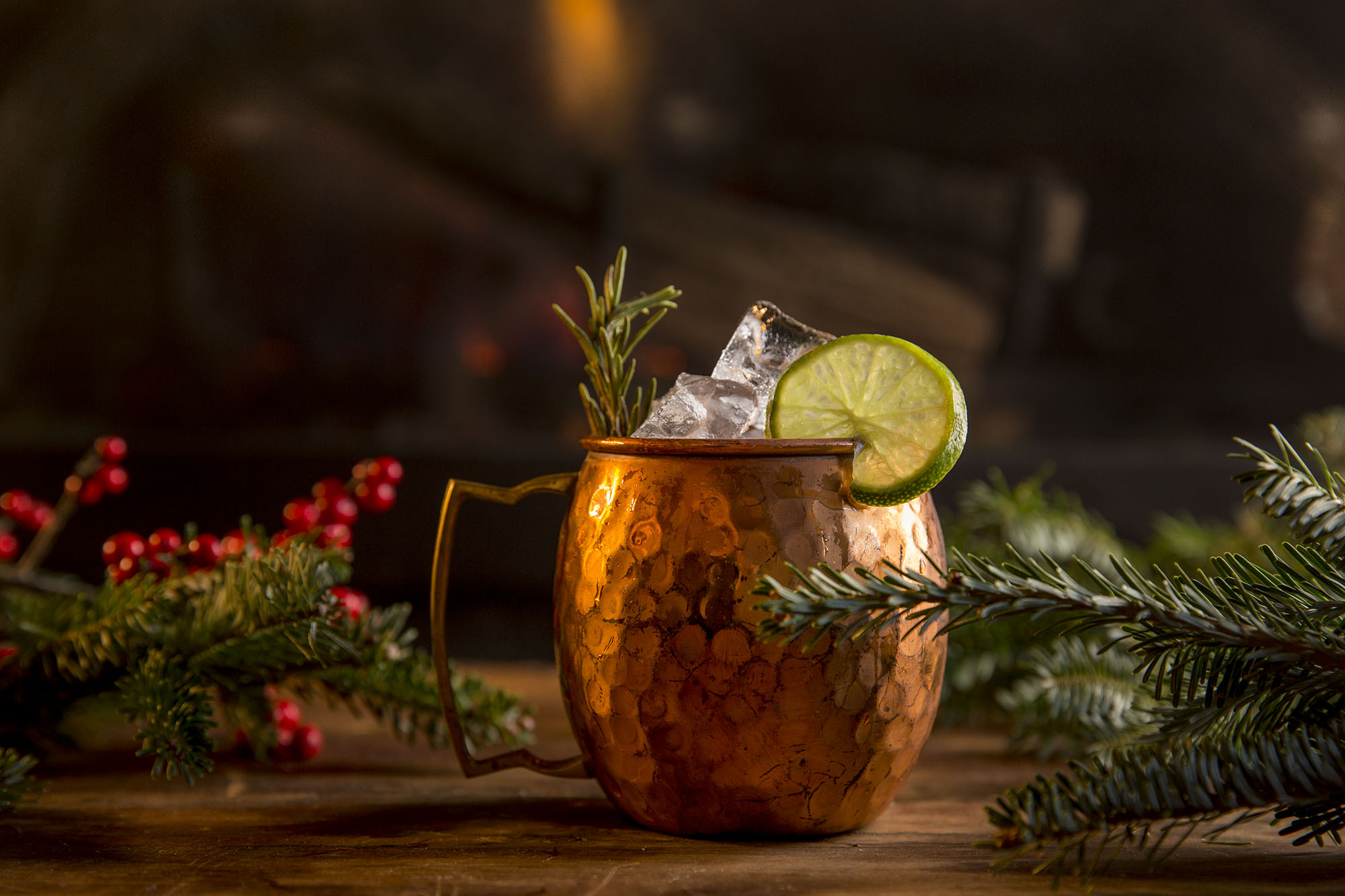 A Moscow Mule sitting in front of the fire