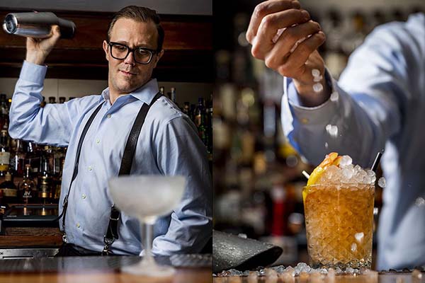 Expert mixologist Jim Kearns making a drink at the bar Slowly Shirley in New York City