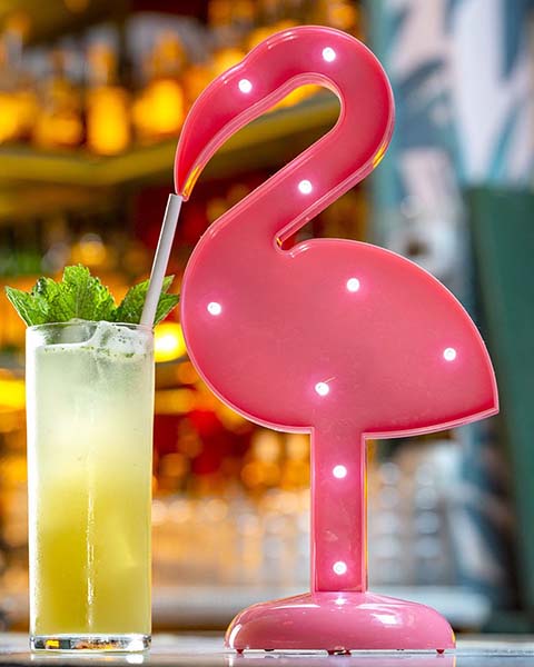 Flamingo drinking a tropical cocktail at the Happiest Hour in Manhattan.